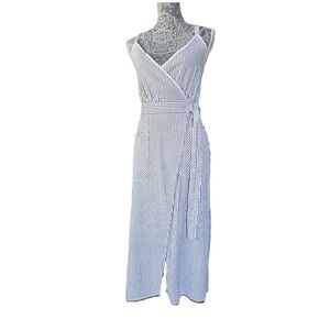 Zara TRF Collection Women's Striped Wrap Midi Dress White Blue with Pockets SzM